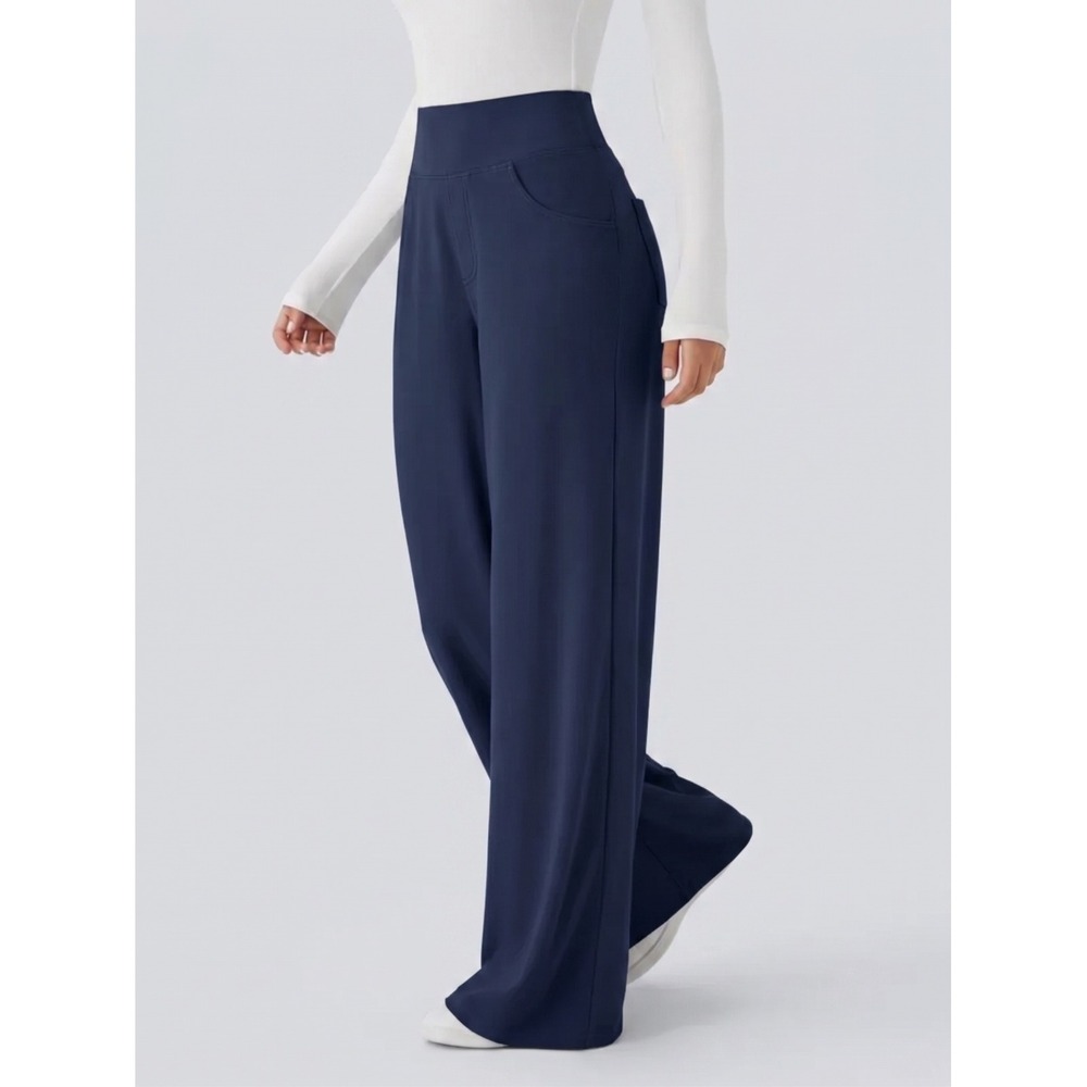 Halara High Waisted Waffle Knit Wide Leg Pants Navy Blue Flat Front Large Reg